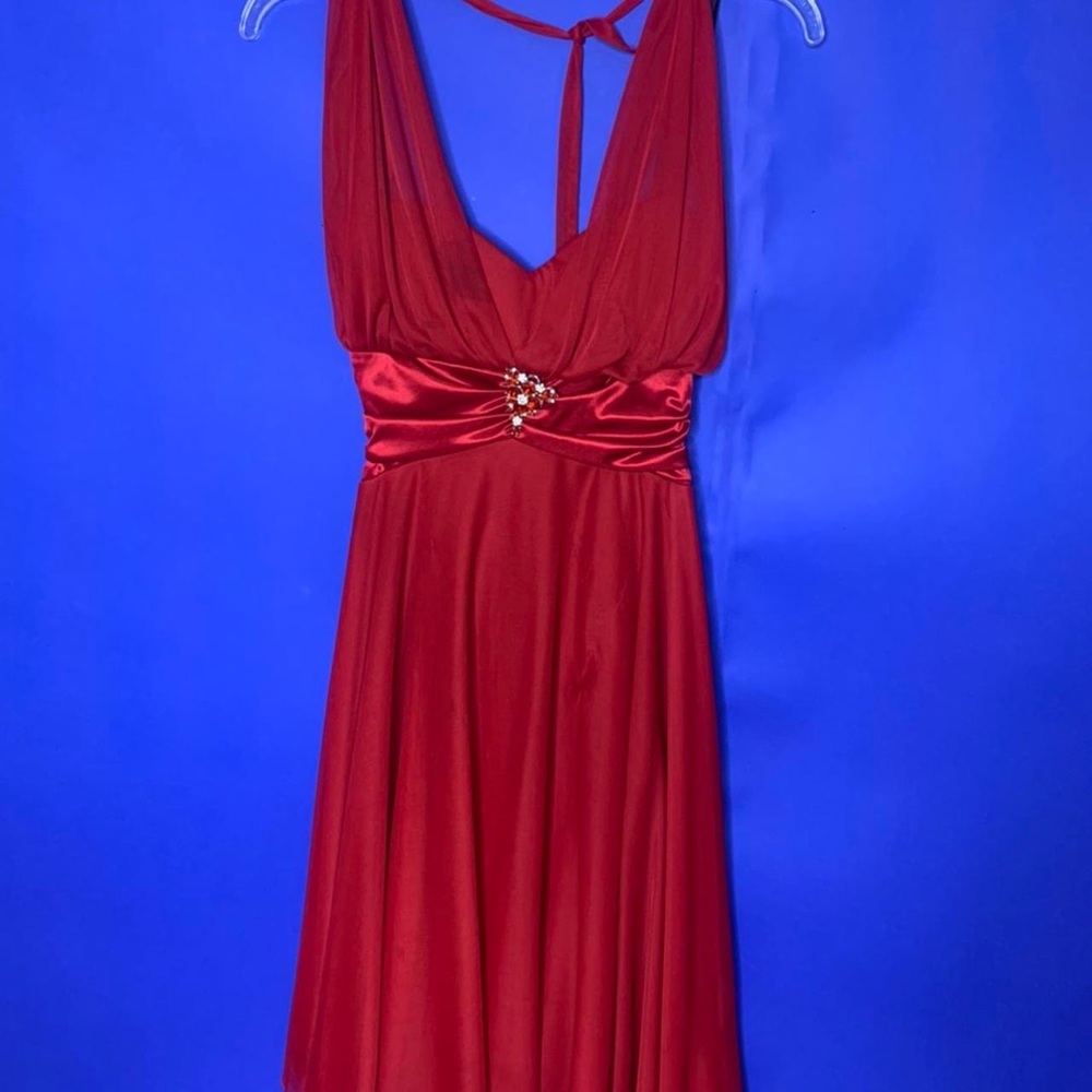 Red dress w/ silver& red gems from David’s Bridal 🍒